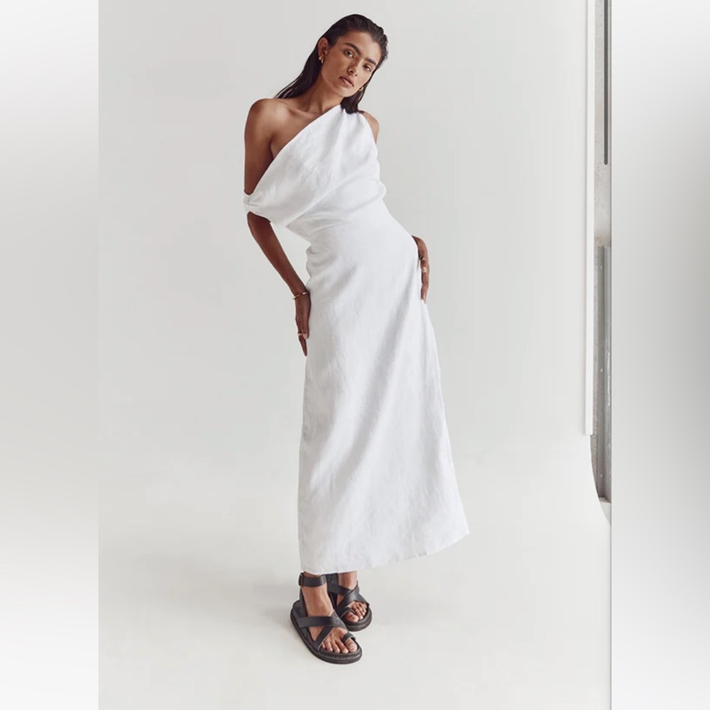 DISSH CASS WHITE LINEN ASYM MIDI DRESS